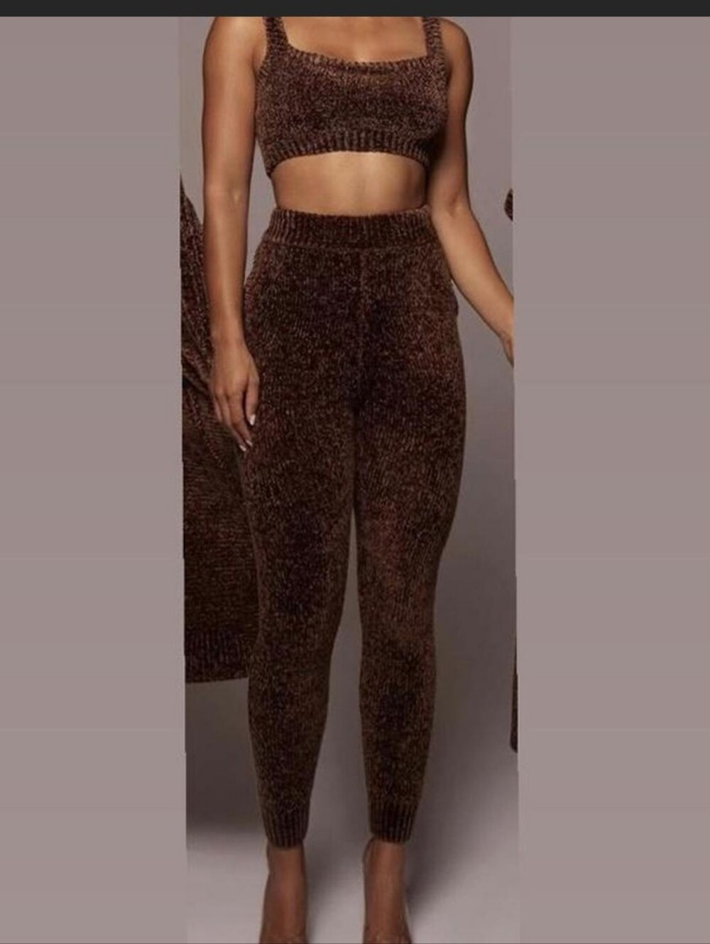 Cozy Set Top And  Knit High-Waist Joggers - Brown